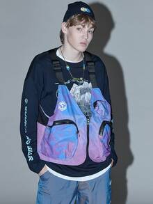 Men Letter Graphic Buckle Decor Zipper Pocket Vest Jacket - Multicolor - View 3