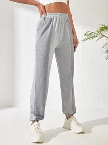 Two Tone Elastic Waist Slant Pocket Joggers - Light Grey - View 1