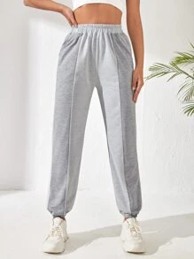 Two Tone Elastic Waist Slant Pocket Joggers - Light Grey - View 3
