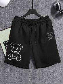 Manfinity Hypemode 男士小熊印花腰部抽繩短褲 - 黑色 - 查看 5