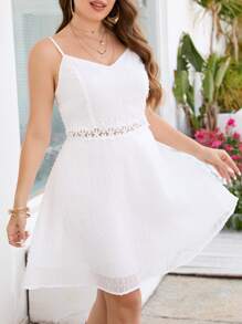 SHEIN Plus Swiss Dot Guipure Lace Insert Cami Dress - White - View 1