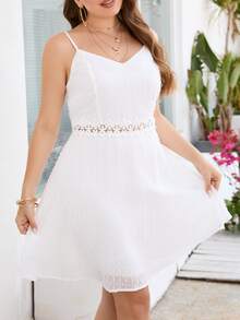 SHEIN Plus Swiss Dot Guipure Lace Insert Cami Dress - White - View 3
