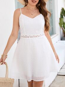 SHEIN Plus Swiss Dot Guipure Lace Insert Cami Dress - White - View 4