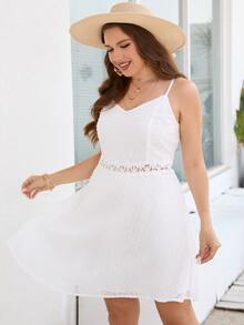 SHEIN Plus Swiss Dot Guipure Lace Insert Cami Dress - White - View 5