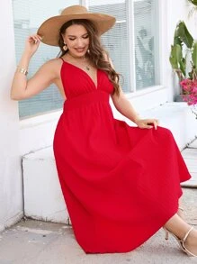 SHEIN VCAY 大碼深V領吊帶連衣裙 - 紅色 - 查看 4