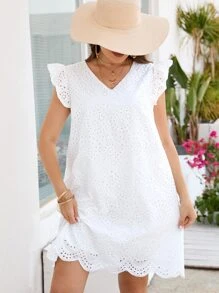 SHEIN VCAY Plus Eyelet Embroidery Scallop Trim Dress - White - View 5