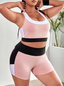 SHEIN Rhythm Era Szorty sportowe plus size Kolorowe bloki - Słodki róż - Zobacz 4