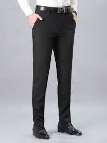 Men Solid Slant Pocket Suit Trousers Without Belt - Black - View 1