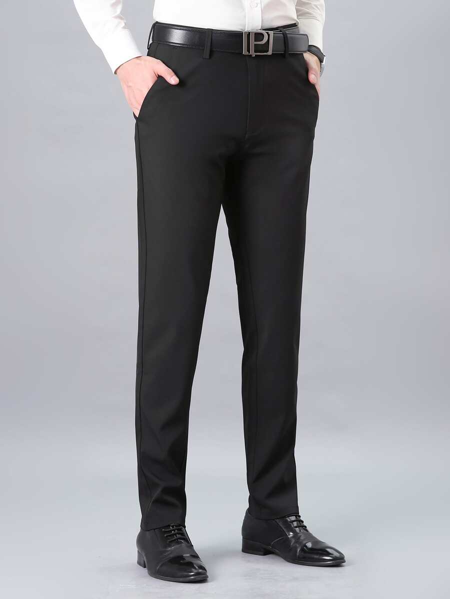 Men Solid Slant Pocket Suit Trousers Without Belt - Black - View 1