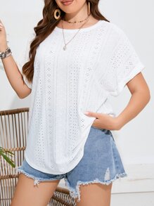SHEIN VCAY Áo thun Plus size Tranh thêu màu trơn Giải trí - trắng - Xem 5