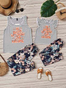 SHEIN Girls 1pc Striped & Slogan Graphic Ruffle Trim Tee & 1pc Trousers - Multicolor - View 2