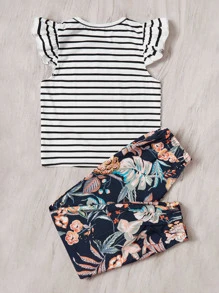 SHEIN Girls 1pc Striped & Slogan Graphic Ruffle Trim Tee & 1pc Trousers - Multicolor - View 3