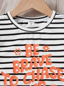 SHEIN Girls 1pc Striped & Slogan Graphic Ruffle Trim Tee & 1pc Trousers - Multicolor - View 5