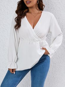 SHEIN LUNE Plus Surplice Neck Flounce Sleeve Peplum Blouse - White - View 1