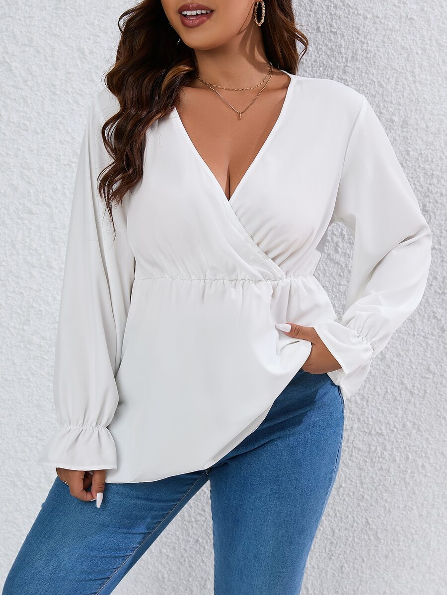 SHEIN LUNE Plus Surplice Neck Flounce Sleeve Peplum Blouse - White - View 1