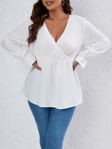 SHEIN LUNE Plus Surplice Neck Flounce Sleeve Peplum Blouse - White - View 3