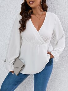 SHEIN LUNE Plus Surplice Neck Flounce Sleeve Peplum Blouse - White - View 5