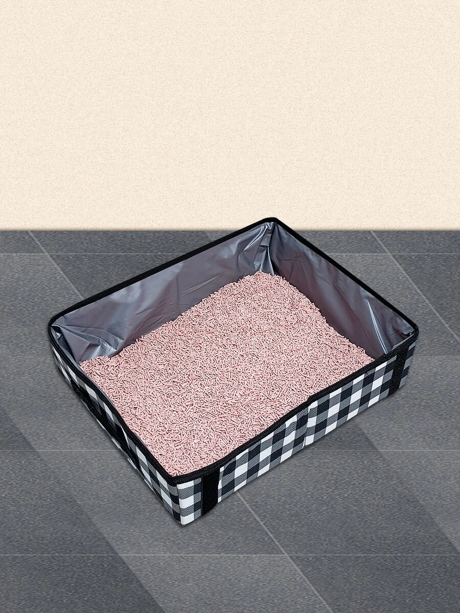 1pc Foldable Plaid Print Litter Box For Cat And Dog For Cleaning - Black and White - View 1