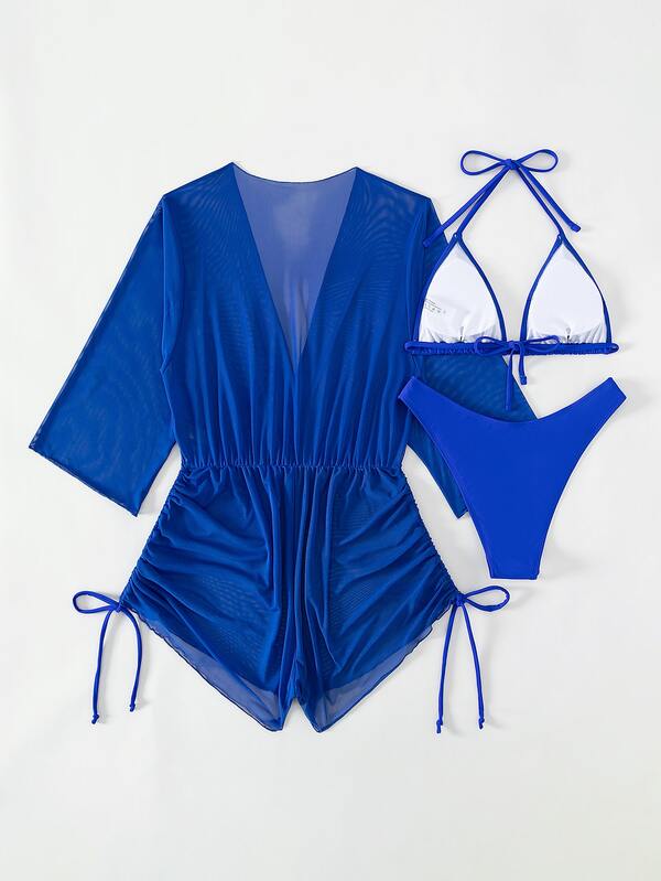 SHEIN Swim Basics Plain Halter Triangle Bikini Swimsuit With Cover Up SHEIN USA