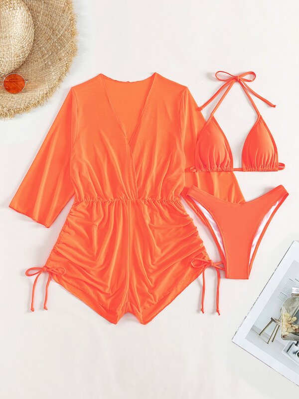 SHEIN Swim Vcay Plain Halter Triangle Bikini Swimsuit With Cover Up