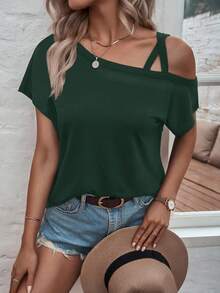 SHEIN LUNE 素色不對稱領蝙蝠袖T恤 - 綠色 - 查看 3