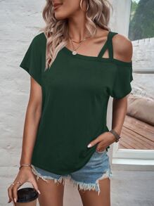 SHEIN LUNE 素色不對稱領蝙蝠袖T恤 - 綠色 - 查看 5