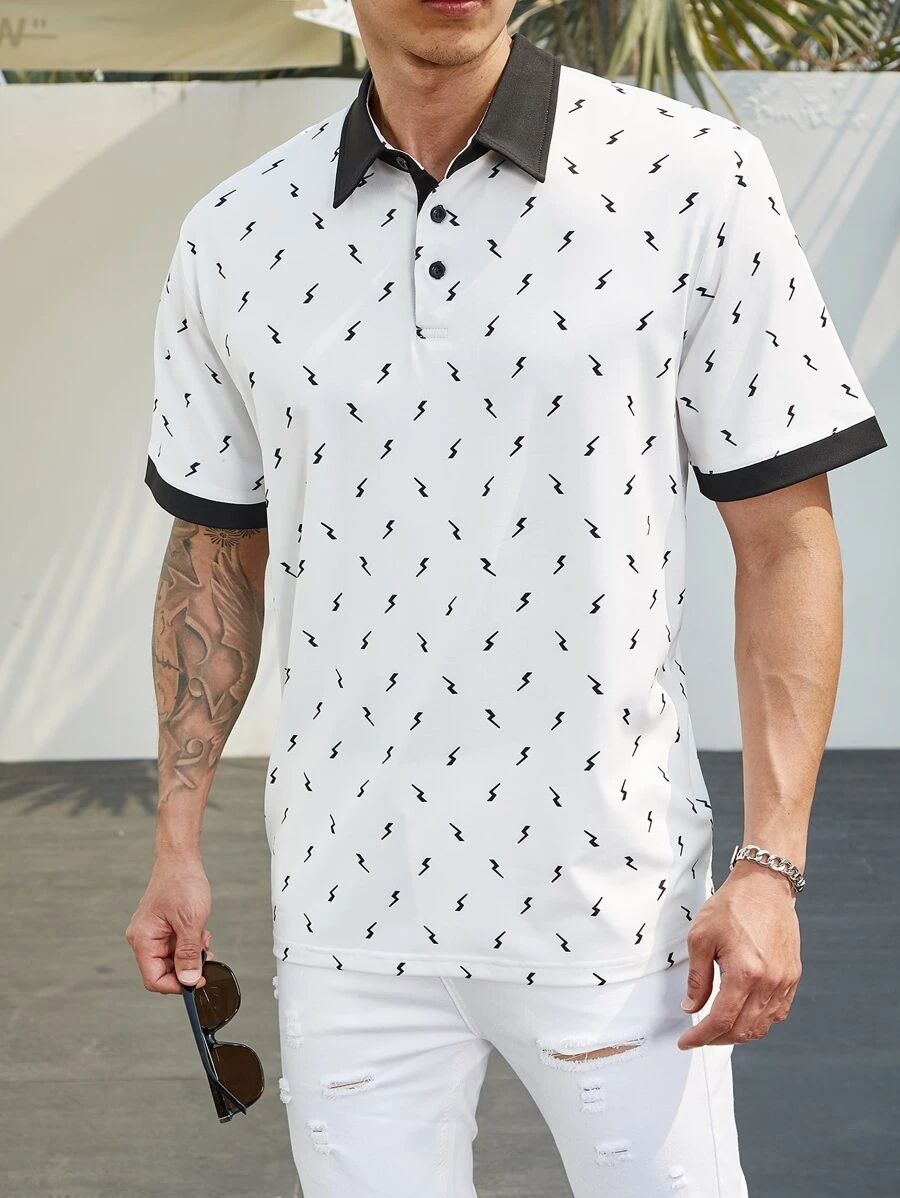 Manfinity Homme Men Plus Allover Print Contrast Trim Polo Shirt - White - View 1