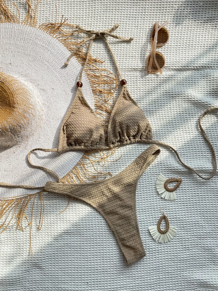 SHEIN Swim Summer Beach Plain Halter Triangle Bikini Set - Khaki - View 1