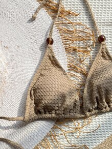 SHEIN Swim Summer Beach Plain Halter Triangle Bikini Set - Khaki - View 5