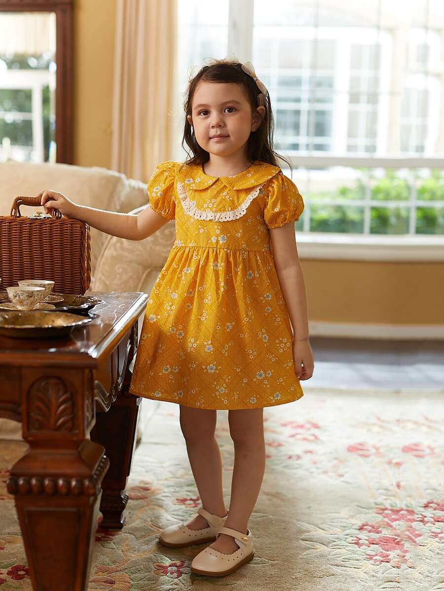 小女童印花彼得潘領泡泡袖洋裝