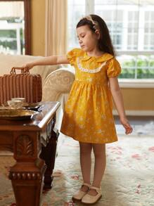 小女童印花彼得潘領泡泡袖洋裝