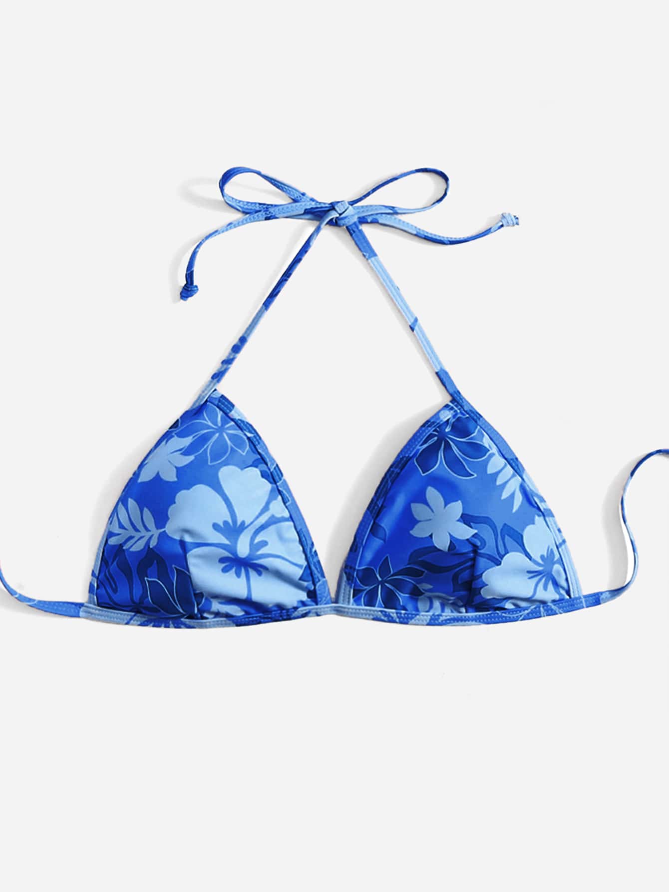 Swim Mod Summer Beach Floral Print Halter Triangle Bikini Top - Blue - View 1