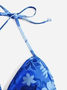 Swim Mod Summer Beach Floral Print Halter Triangle Bikini Top - Blue - View 3