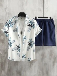 Manfinity RSRT Bộ hai mảnh Nam Dây kéo Túi Nút phía trước Thực vật Boho - Xanh và trắng - Xem 2