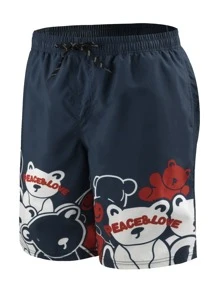 Hombres Shorts de natación con estampado de dibujos animados de cintura con cordón - Azul Marino - Ver 1