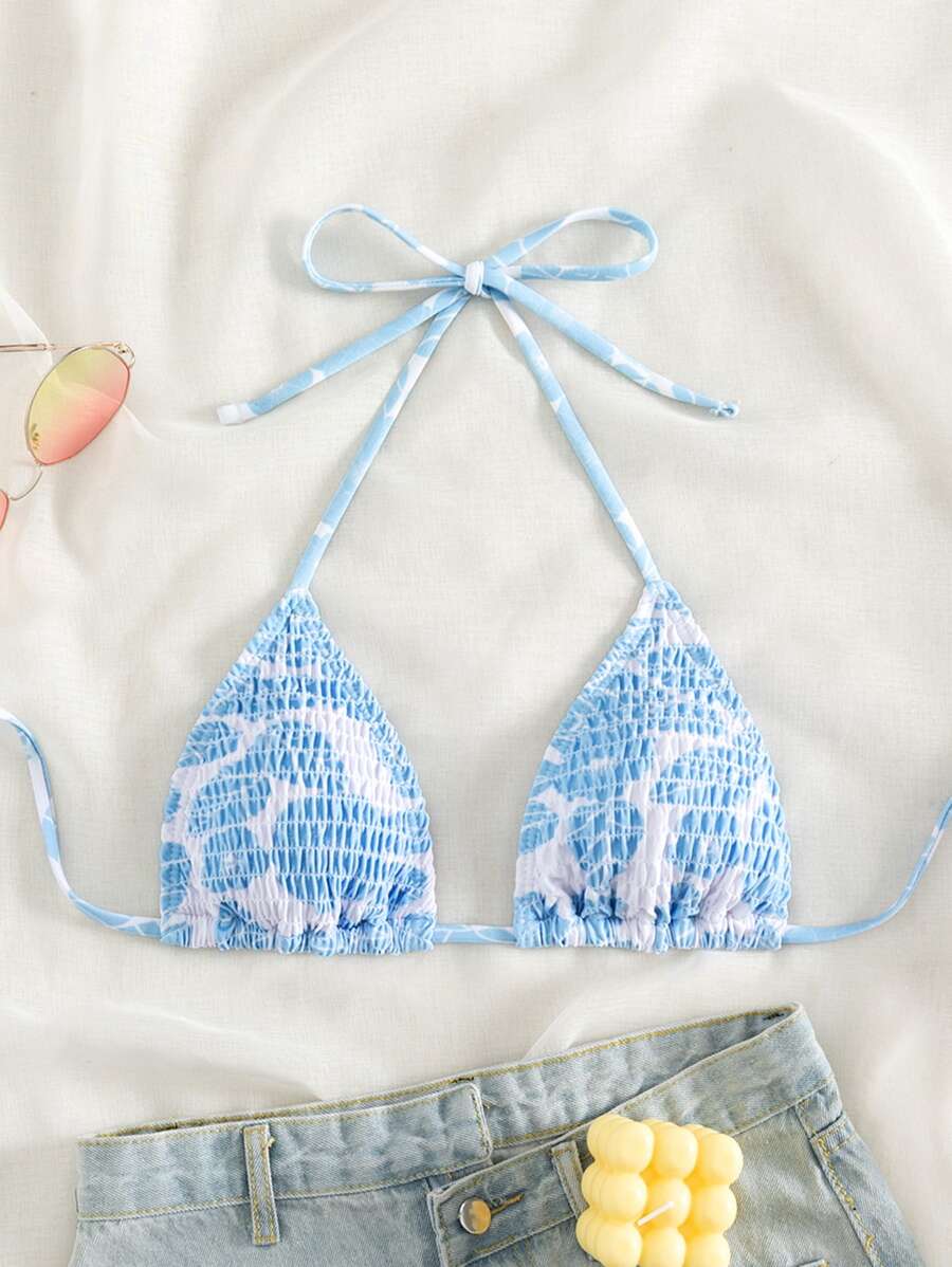 Swim Mod Summer Beach Floral Print Smocked Triangle Bikini Top - Blue and White - View 1