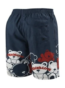 Hombres Shorts de natación con estampado de dibujos animados de cintura con cordón - Azul Marino - Ver 2