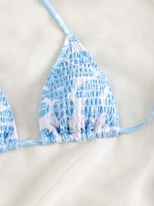 Swim Mod Summer Beach Floral Print Smocked Triangle Bikini Top - Blue and White - View 4