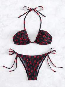 花卉印花露背綁頸式夏季海灘比基尼套裝 - 彩色 - 查看 3