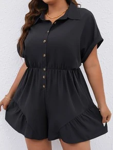 SHEIN LUNE Plus Ruffle Hem Shirt Romper - Black - View 4