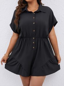 SHEIN LUNE Plus Ruffle Hem Shirt Romper - Black - View 1