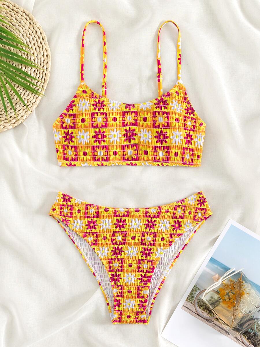 Summer Floral Print Bikini Set Smocked Cami Top & Hipster Bottom 2 Pieces Bathing Suit - Multicolor - View 1