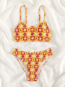 Summer Floral Print Bikini Set Smocked Cami Top & Hipster Bottom 2 Pieces Bathing Suit - Multicolor - View 3
