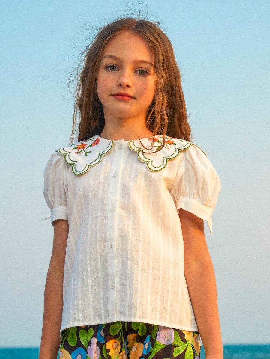 少女甜美刺绣彼得潘领短袖衬衫 - 白色 - 查看 1