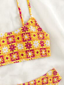 Summer Floral Print Bikini Set Smocked Cami Top & Hipster Bottom 2 Pieces Bathing Suit - Multicolor - View 4