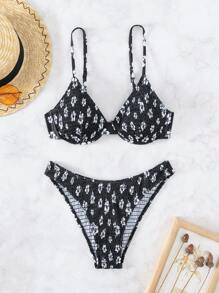 SHEIN Swim 夏季海滩花卉印花比基尼套装褶饰钢圈文胸上衣和比基尼下装 2 件套比基尼 - 黑與白 - 查看 1