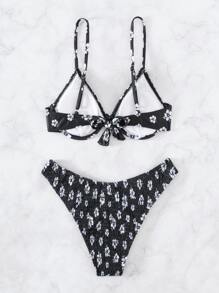 SHEIN Swim 夏季海滩花卉印花比基尼套装褶饰钢圈文胸上衣和比基尼下装 2 件套比基尼 - 黑與白 - 查看 2