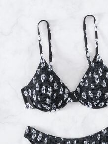 SHEIN Swim 夏季海滩花卉印花比基尼套装褶饰钢圈文胸上衣和比基尼下装 2 件套比基尼 - 黑與白 - 查看 3