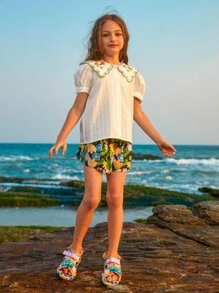 少女甜美刺绣彼得潘领短袖衬衫 - 白色 - 查看 3