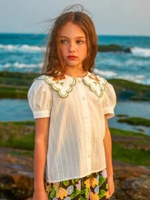 少女甜美刺绣彼得潘领短袖衬衫 - 白色 - 查看 4